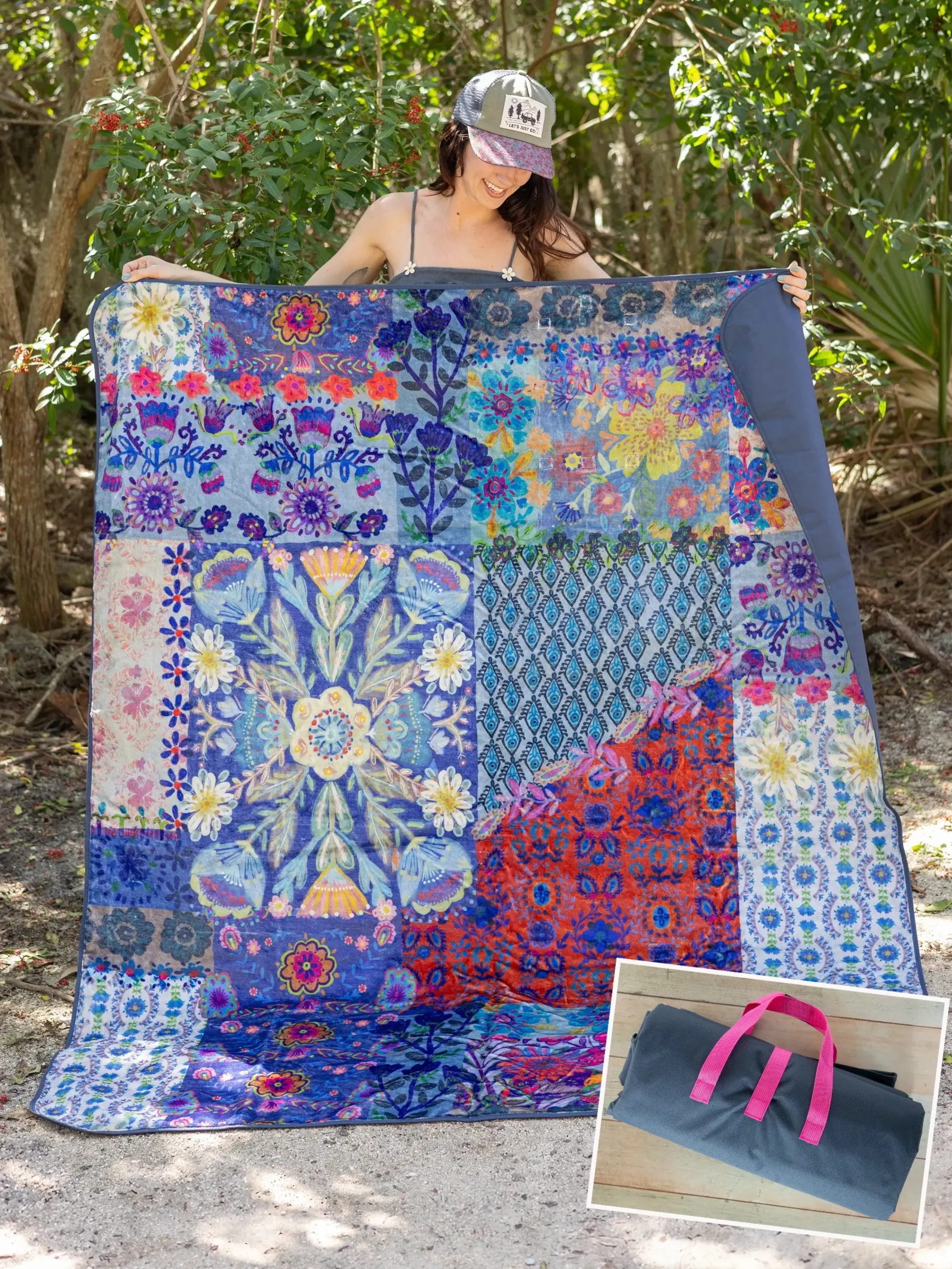 XL Water Resistant Picnic Blanket - Blue Patchwork
